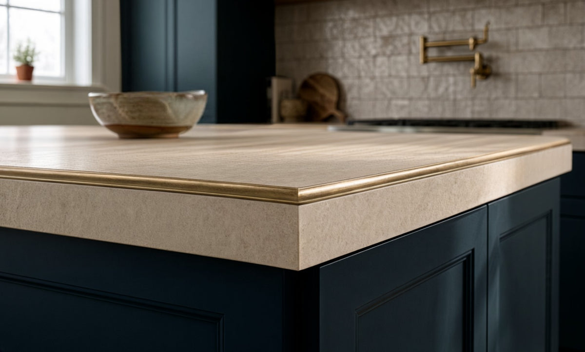 LUSTRO Brass Cove edge on a stone kitchen island with navy cabinets
