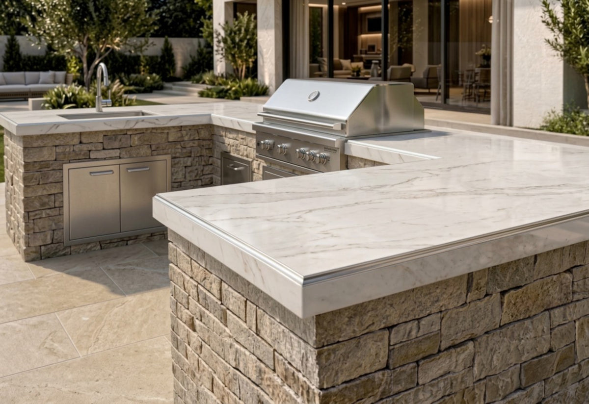 Outdoor kitchen with marble counters and LUSTRO Stainless Cove edge