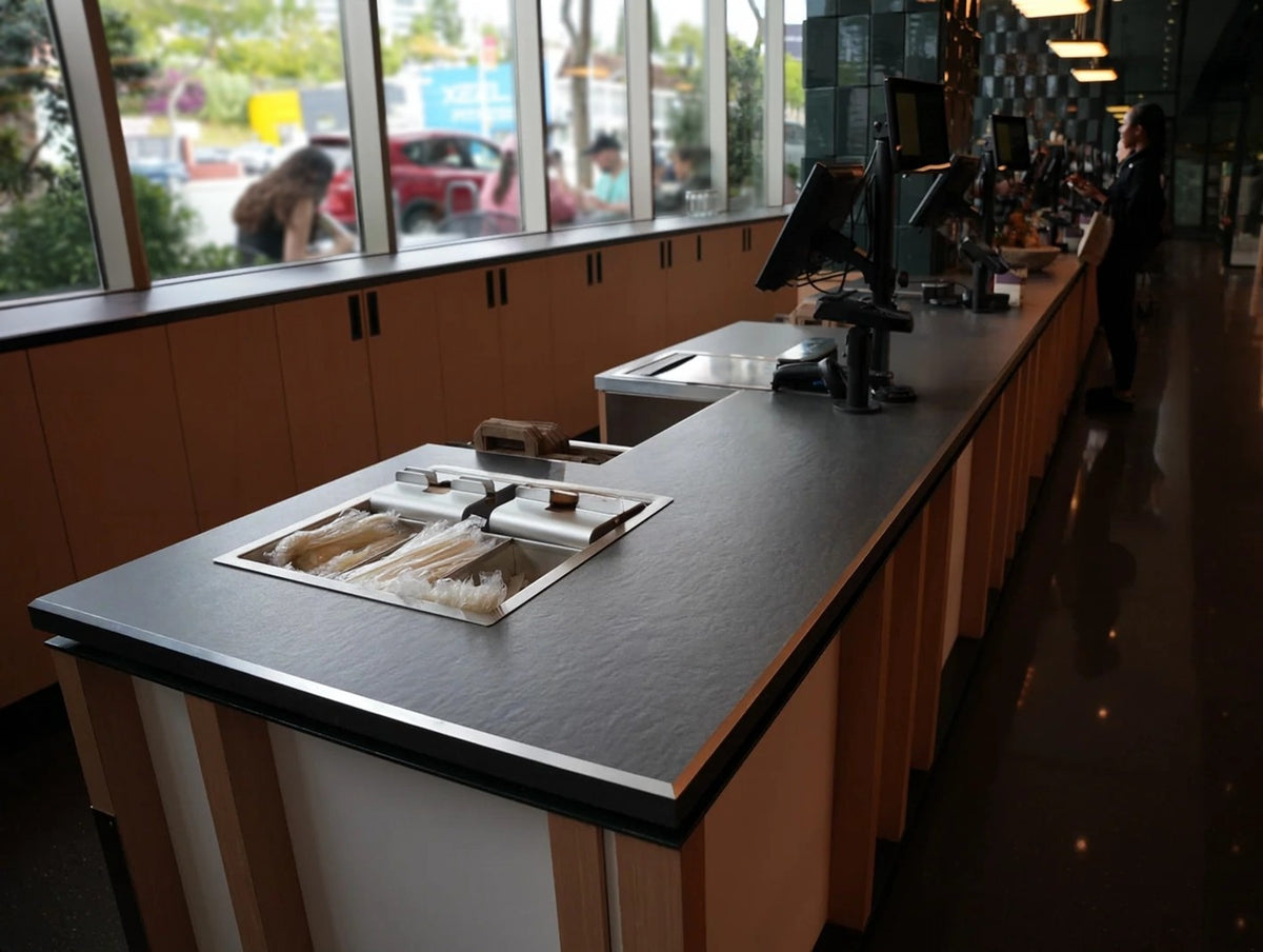 Erewhon West Hollywood counter with LUSTRO Aluminum Bevel edge